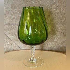 Vintage Green Italian Glass Ribbed Etch Crystal Pedestal Stem Brandy Wine Glass